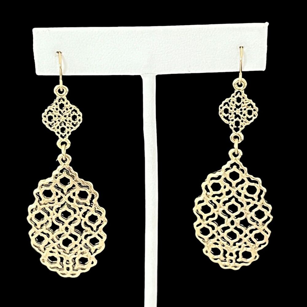 New Gold Tone Earrings Textured Open Design Statement Dangle Drop 5A